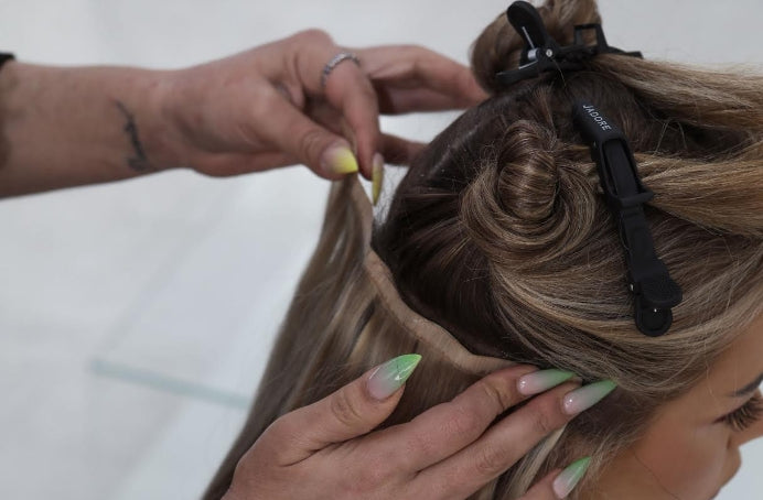 A stylist fitting Jadore tape hair extensions in a salon